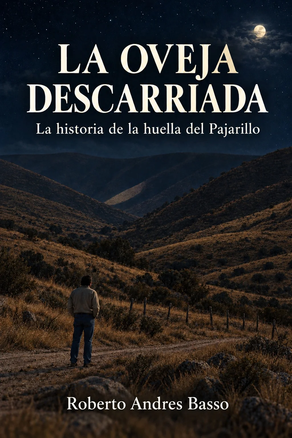 Tapa de La oveja descarriada, con una persona frente a las sierras del Pajarillo bajo la luna